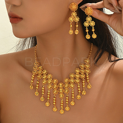 Alloy Hollow Flower Tassels Stud Dangle Earrings & Necklaces Sets for Women IF2968-1