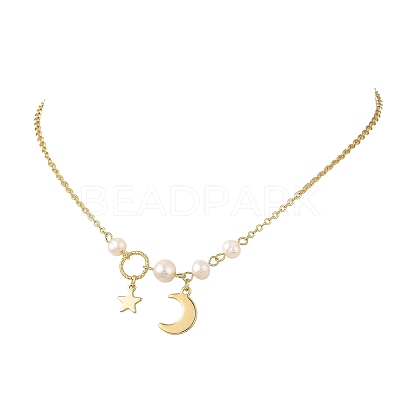 Brass Moon Star Pendant Cable Chains Necklaces for Women NJEW-JN06520-1