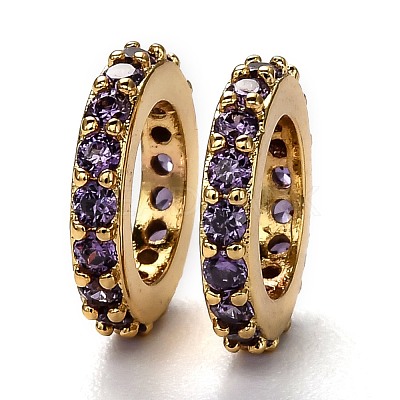 Brass Micro Pave Cubic Zirconia Rondelle European Beads KK-B028-18G-C-1