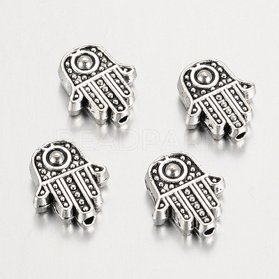 Tibetan Style Alloy Hamsa Hand/Hand of Fatima/Hand of Miriam Beads TIBEB-7722-AS-RS-1