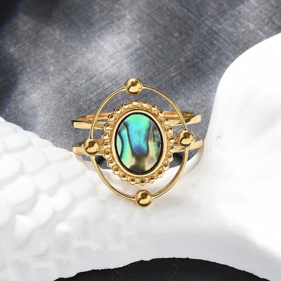 Oval 304 Stainless Steel Paua Shell Finger Rings for Women RJEW-G346-09G-01-1