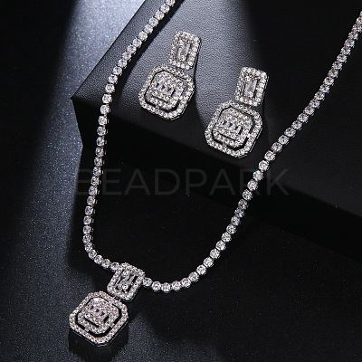 Square Brass Micro Pave Clear Cubic Zirconia Pendant Necklaces & Stud Dangle Earrings Sets FS-WG98D1F-01-1