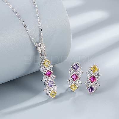 Rhombus Rhodium Plated 925 Sterling Silver Pave Colorful Cubic Zirconia Pendant Necklaces & Stud Earrings Sets for Women WGF0FD8-05-1