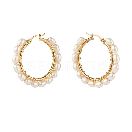 Natural Pearl Beads Brass Hoop Earrings EJEW-JE04565-02-1