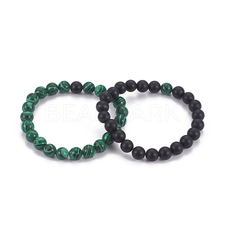 Synthetic Chrysocolla & Natural Black Agate Beads Stretch Bracelets BJEW-JB04142-1