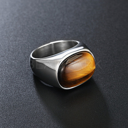 304 Stainless Steel with Natural Tiger Eye Finger Rings for Men FS-WG155DB-02-1