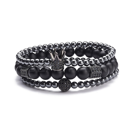 3Pcs 3 Style Round Synthetic Black Stone & Hematite Beaded Stretch Bracelets Set BJEW-JB07688-02-1
