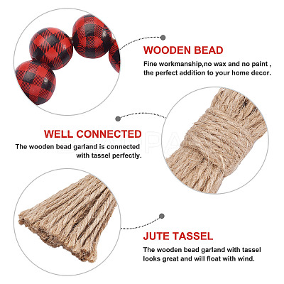 8Pcs 2 Colors Tartan Pattern Wood Beads & Jute Tassel Napkin Rings AJEW-CF0001-06-1