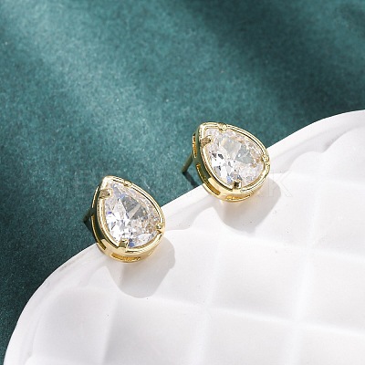 Brass Micro Pave Clear Cubic Zirconia Stud Earrings EJEW-C174-02G-G-1