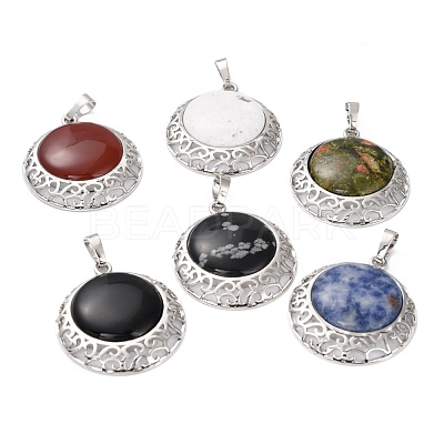 Mixed Gemstone Pendants with Hollow Platinum Brass Findings G-P448-A-1