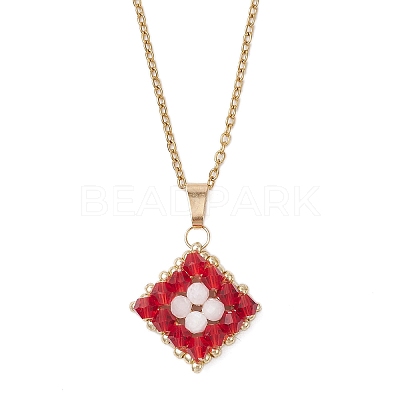 Natural Rainbow Moonstone and Handmade Glass Beaded Rhombus Pendant 304 Stainless Steel Cable Chain Necklaces NJEW-MZ00124-02-1