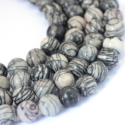 Natural Black Silk Stone/Netstone Round Bead Strands X-G-E334-8mm-05-1
