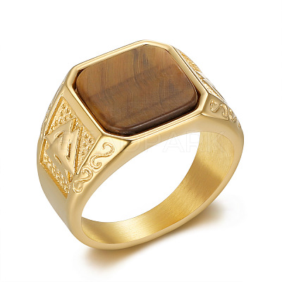 304 Stainless Steel with Natural Tiger Eye Finger Rings FS-WG06E27-02-1