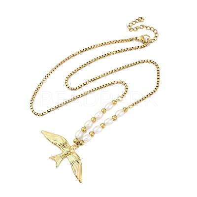 304 Stainless Steel & Plastic Imitation Pearl Bird Pendant Necklaces for Women NJEW-P330-02G-1