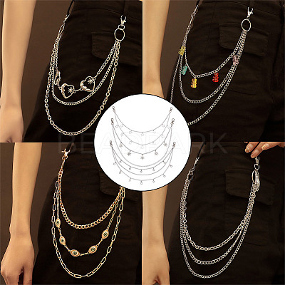4Pcs 4 Styles Brass & 304 Stainless Steel Double Layer Chains for Jeans Pants with Alloy Star Charms AJEW-GO00009-1