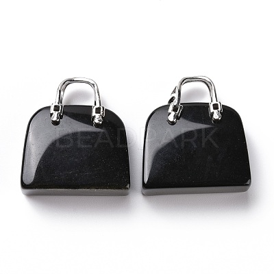 Natural Black Obsidian Brass Pendants KK-E274-01P-011-1