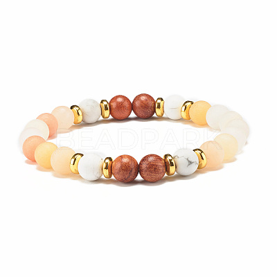 Natural Aventurine & Wood Round Beaded Stretch Bracelet BJEW-JB07805-1
