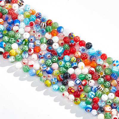4 Strands Handmade Millefiori Glass Round Bead Strands LAMP-GO0001-13-1