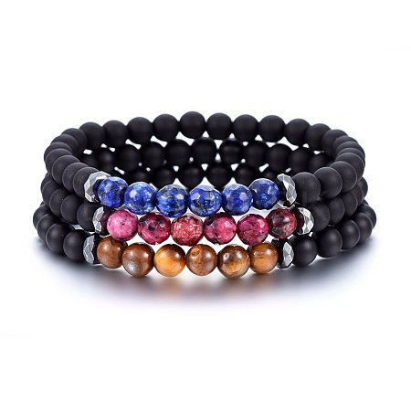 Natural Frosted Black Agate Beaded Stretch Bracelets BJEW-H548-20-1