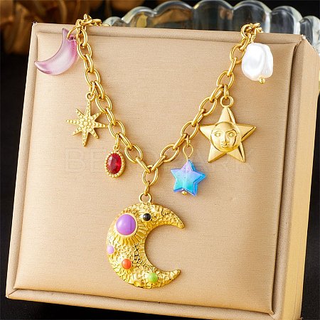 304 Stainless Steel with Plastic Bib Necklaces for Women NJEW-K300-04G-1