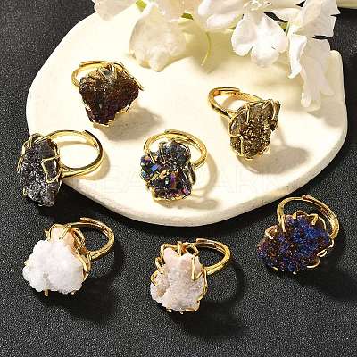 Nuggets Electroplate Natural Agate Cluster Finger Rings RJEW-K288-02G-1