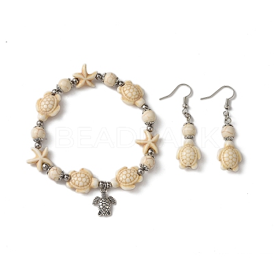 Starfish & Tortoise Synthetic Turquoise Beaded Stretch Bracelets & Dangle Earrings Kits SJEW-JS01311-01-1