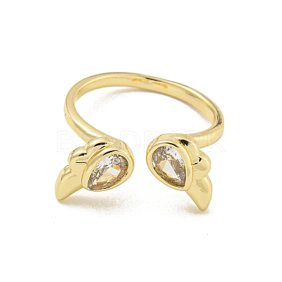 Rack Plated Brass Micro Pave Cubic Zirconia Teardrop with Wing Open Cuff Rings for Women RJEW-Z039-12G-1