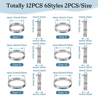 12Pcs 6 Size 201 Stainless Steel Grooved Finger Ring Settings RJEW-TA0001-06P-1