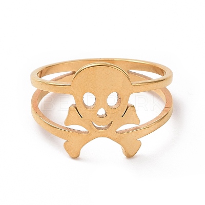 Ion Plating(IP) 201 Stainless Steel Skull Finger Ring RJEW-J051-08G-1