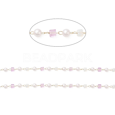 Faceted Cube Glass & ABS Plastic Imitation Pearl Beaded Chains CHS-G026-02KCG-02-1-1