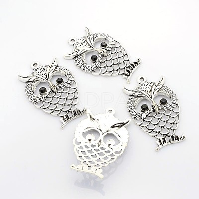 Antique Silver Plated Alloy Rhinestone Owl Big Pendants PALLOY-N0071-01-1