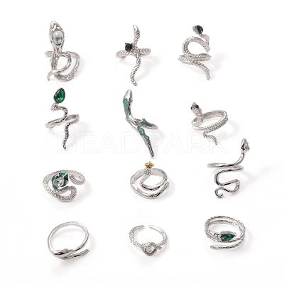 12Pcs Alloy Rhinestone Cuff Rings PW-WGFF40C-01-1