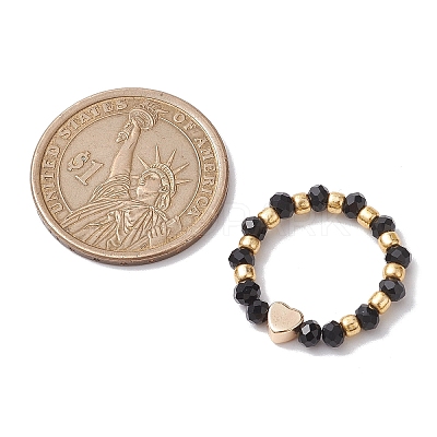 Glass Stretch Rings with Golden Plated Heart Brass Beads RJEW-JR00660-01-1