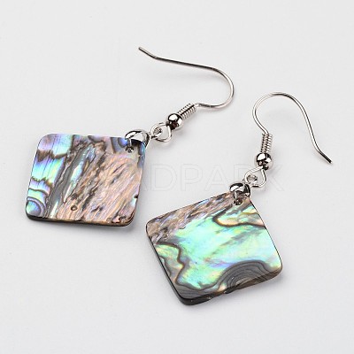 Rhombus Platinum Tone Brass Natural Paua Shell Dangle Earrings EJEW-M060-05-01-1