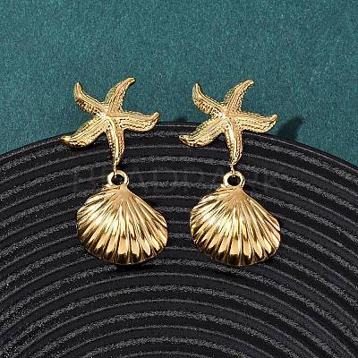 304 Stainless Steel Shell Shape with Starfish Shape Dangle Stud Earrings EJEW-Z135-02G-01-1