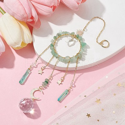 Natural Green Aventurine Chip Pendant Decorations with Brass Moon & Cable Chain & Electroplated Quartz Crystal Tassel HJEW-JM01650-01-1