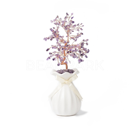 Natural Amethyst Chips with Brass Wrapped Wire Money Tree on Ceramic Vase Display Decorations DJEW-B007-01B-1