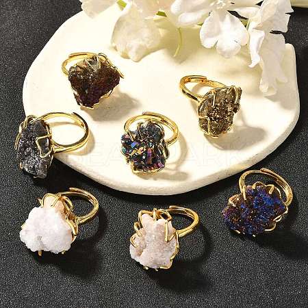 Nuggets Electroplate Natural Agate Cluster Finger Rings RJEW-K288-02G-1