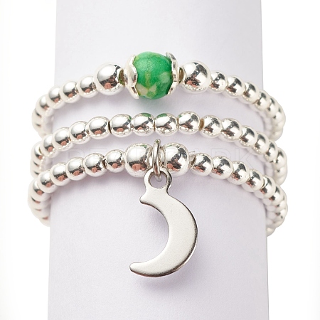 3Pcs 3 Style Natural White Jade & Synthetic Hematite Beaded Stretch Rings Set with Crescent Moon Charm RJEW-JR00469-02-1