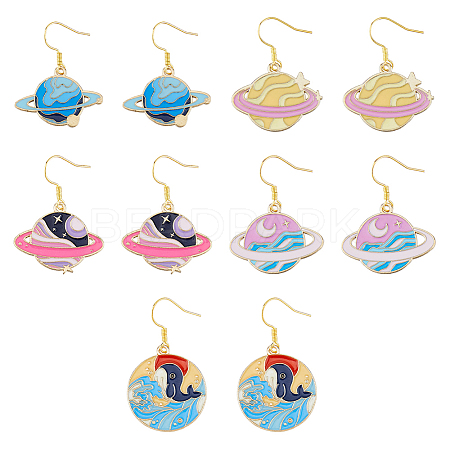 5 Pair 5 Style Golden Plated Alloy Enamel Planet Dangle Earrings with Iron Pins EJEW-AB00045-1