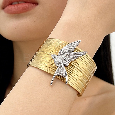 Textured 304 Stainless Steel Cuff Bangles for Women BJEW-C158-01B-GP-1