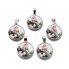 Flat Round with Owl Antique Silver Alloy Glass Pendants PALLOY-J688-02AS-1