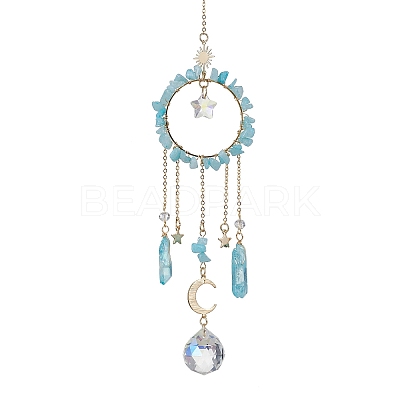 Natural Dyed Jade Imitation Aquamarine Chip Pendant Decorations with Brass Moon & Cable Chain & Electroplated Quartz Crystal Tassel HJEW-JM01650-02-1