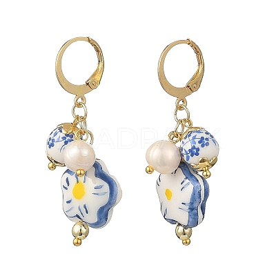 Handmade Porcelain & Non-magnetic Synthetic Hematite & Natural Cultured Freshwater Pearl & Brass & 304 Stainless Steel Leverback Earrings EJEW-JE07318-1