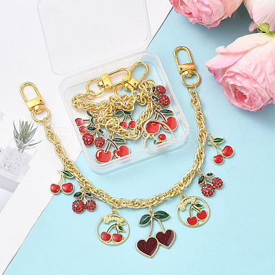 2Pcs 2 Styles Alloy Enamel Red Cherry Charm Brass Bag Decorative Chains HJEW-SC0002-63-1