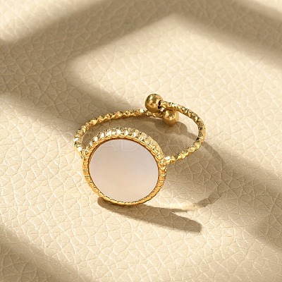 Flat Round 304 Stainless Steel White Shell Cuff Rings for Women RJEW-G346-10G-02-1