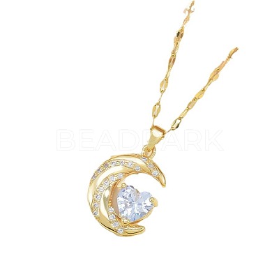 Moon & Heart 304 Stainless Steel Micro Pave Clear Cubic Zirconia Pendant Necklaces FS-WG967E3-01-1