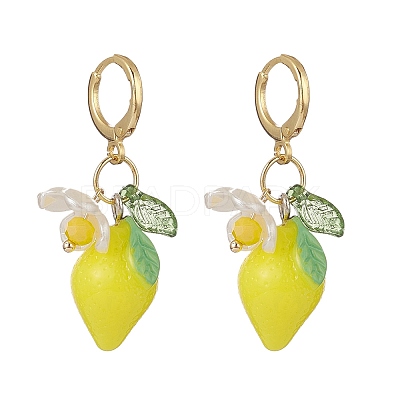 Lemon Resin with Leaf & Imitation Pearl Flower Dangle Leverback Earrings EJEW-TA00192-1