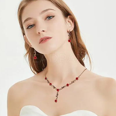 Siam Rhinestone Rose Flower Dangle Stud Earrings & Link Chain Bracelet & Lariat Necklace SJEW-AN0001-13-1