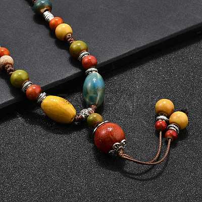 Ethnic Style Alloy & Porcelain Ceramic Beads Round Pendant Tassel Y Necklaces NJEW-D308-01A-1